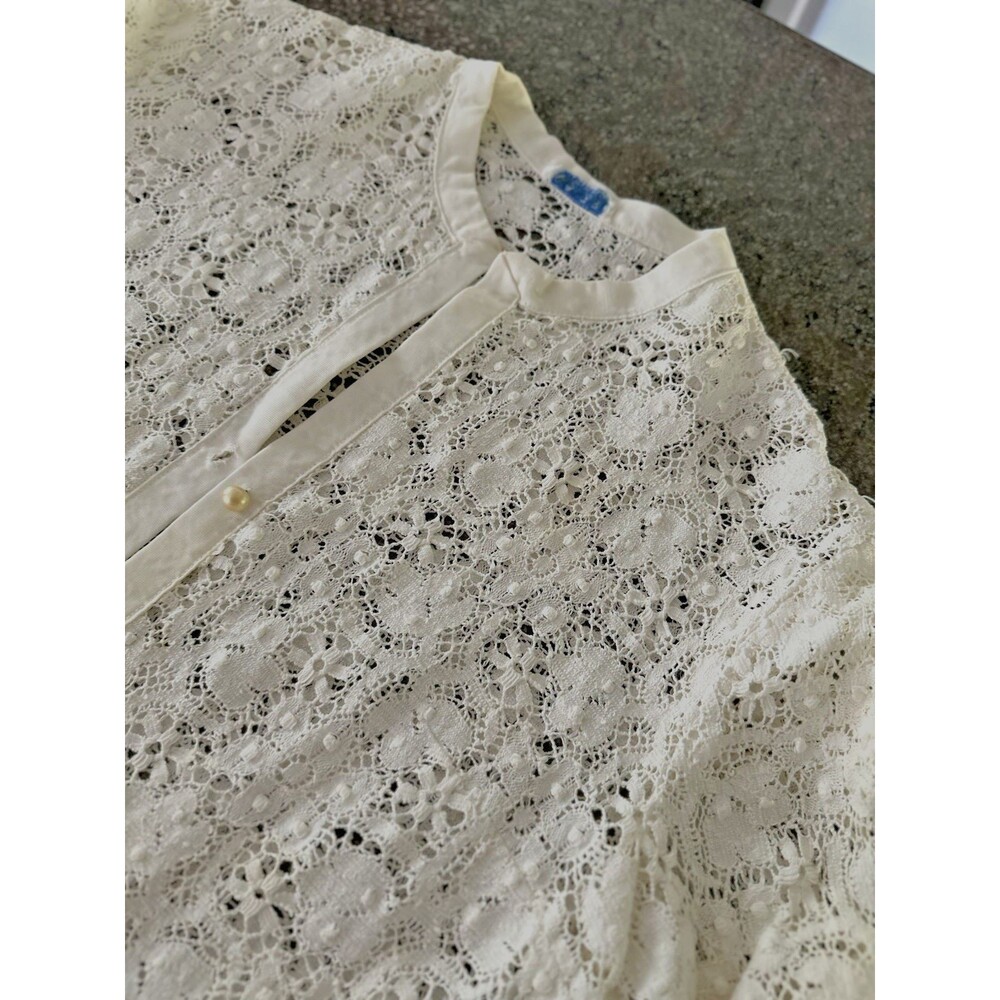VTG 90s White Lace Blouse Shirt Size Long Sleeve Avon Fashions M rosas embroide - Picture 8 of 8